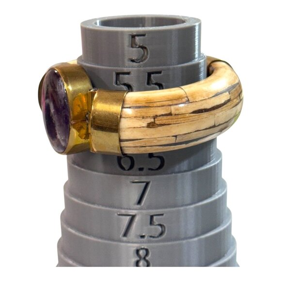 Vtg Carved Bone Boho Brass Wood Bangle Bracelet Large Amethyst Stone Statement - Picture 6 of 10